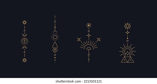 Set of moon and sun line art. Minimal boho linear symbols. Celestial mystic element. Vector line art illustration.