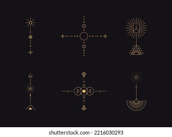 Set of moon and sun line art. Minimal boho linear symbols. Celestial mystic element. Vector line art illustration.