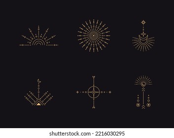 Set of moon and sun line art. Minimal boho linear symbols. Celestial mystic element. Vector line art illustration.