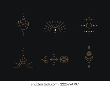 Set of moon and sun line art. Minimal boho linear symbols. Celestial mystic element. Vector line art illustration.