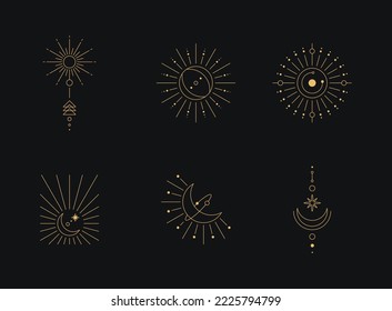 Set of moon and sun line art. Minimal boho linear symbols. Celestial mystic element. Vector line art illustration.