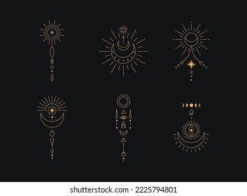 Set of moon and sun line art. Minimal boho linear symbols. Celestial mystic element. Vector line art illustration.