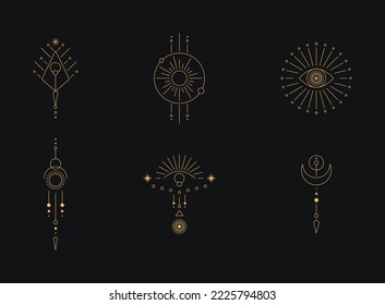Set of moon and sun line art. Minimal boho linear symbols. Celestial mystic element. Vector line art illustration.