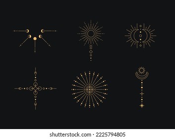 Set of moon and sun line art. Minimal boho linear symbols. Celestial mystic element. Vector line art illustration.