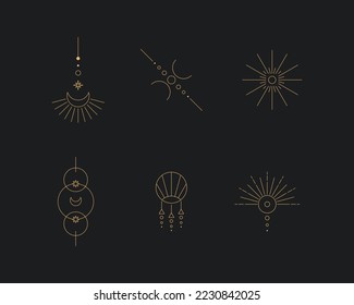 Set of moon and sun line art. Minimal boho linear symbols. Celestial mystic element. Vector line art illustration.