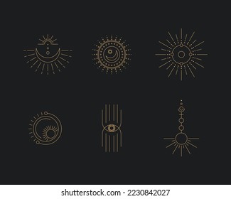 Set of moon and sun line art. Minimal boho linear symbols. Celestial mystic element. Vector line art illustration.
