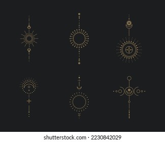 Set of moon and sun line art. Minimal boho linear symbols. Celestial mystic element. Vector line art illustration.