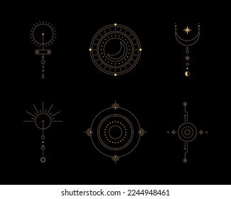 Set of moon and sun line art. Minimal boho linear symbols. Celestial mystic element. Vector line art illustration.