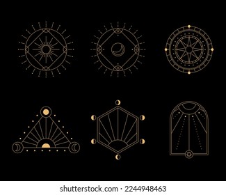 Set of moon and sun line art. Minimal boho linear symbols. Celestial mystic element. Vector line art illustration.