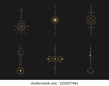 Conjunto de objetos de arte de la luna y la línea del sol. Mínimos símbolos lineales de boho. Elemento místico celestial. Ilustración de arte de línea de vector.