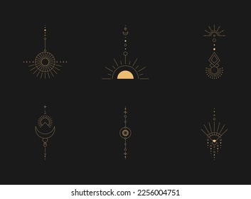 Set of moon and sun line art. Minimal boho linear symbols. Celestial mystic element. Vector line art illustration.