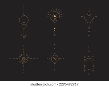 Set of moon and sun line art. Minimal boho linear symbols. Celestial mystic element. Vector line art illustration.