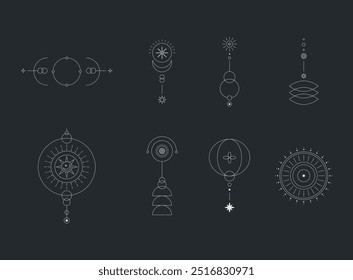 Satz von Mond und Sonne Linie Kunst. Minimale boho linearen Symbole. Mystisches Element des Himmels. Vektorgrafik mit Linien	
