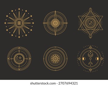 Set of moon and sun line art. Minimal boho linear symbols. Celestial mystic element. Vector line art illustration