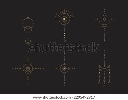 Set of moon and sun line art. Minimal boho linear symbols. Celestial mystic element. Vector line art illustration.
