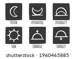 Set of moon and sun symbols. Minimalistic caption icons of the moon, moonrise, moonset, sun, sunrise and sunset. Vector shabby hand drawn illustration