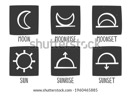 Set of moon and sun symbols. Minimalistic caption icons of the moon, moonrise, moonset, sun, sunrise and sunset. Vector shabby hand drawn illustration