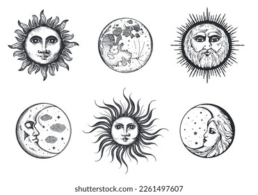 Conjunto de ilustraciones de los vectores de luna y sol. Ilustraciones de la luna, la media luna, el sol en estilo grabado. Estilización vintage de signos esotéricos y ocultos.