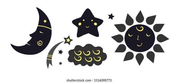 Set with moon, sun,stars,comet and cloud.Moon face side view.Vector illustration on white isolated background.