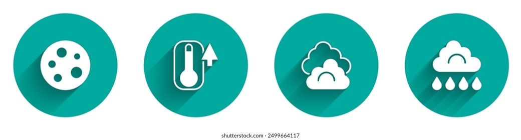 Set Moon, Thermometer, Cloud and with rain icon with long shadow. Vector