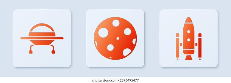 Set Moon, UFO flying spaceship and Space shuttle and rockets. White square button. Vector