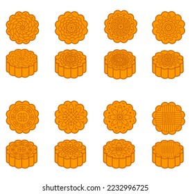 Set of mooncakes with Asian oriental ornaments. Mid-Autumn Festival moon cake. Vector illustration