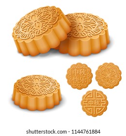 Set of the Mooncakes for the Mid Autumn Festival. Translation of Chinese characters on cake: Happy Mid Autumn. Vector illustration.