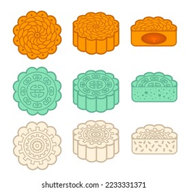 Set of mooncakes for Mid-Autumn Festival. Moon cake top view, side view and cut in half with different ingredient. Baked, matcha tea and sticky rice flavor. 