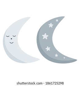 set of moons in blue. vector illustration