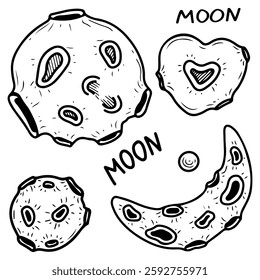 Set of moons. Hand drawn doodle. Planet satellite. Crescent. Lunar craters. Astronomical body of space. Vector line art illustration.