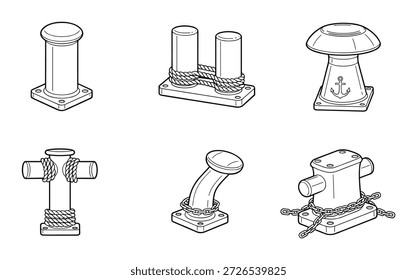Conjunto de elementos de hardware de postes de bolardo de amarre utilizados para asegurar cuerdas, líneas de amarre. Elementos de nudo de vela. Equipo marino. Arte vectorial.