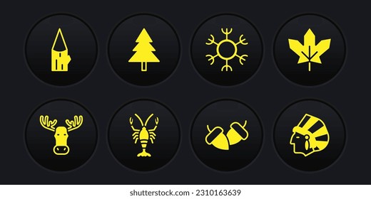 Set Moose head with horns, Canadian maple leaf, Lobster, Acorn, Snowflake, Christmas tree, Native American Indian and Wooden log icon. Vector
