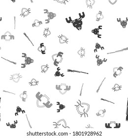 Ponga la cabeza de Moose con los cuernos, los cánticos de ciervos en el escudo, la pistola de caza y los cuernos de Moose en el escudo con un patrón impecable. Vector