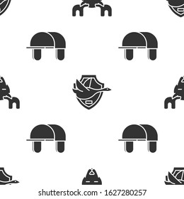 Set Moose head with horns, Flying duck on shield and Hunter hat on seamless pattern. Vector