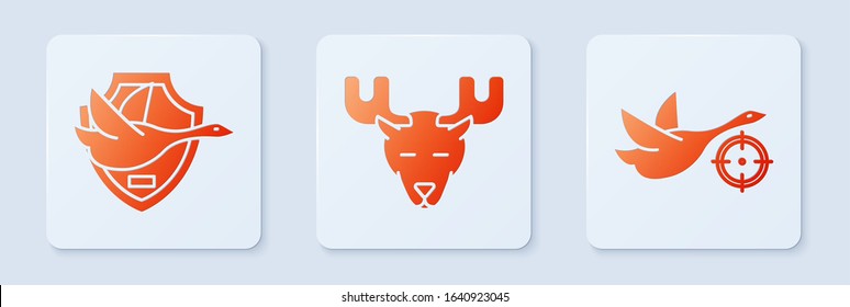 Set Moose head with horns, Flying duck on shield and Hunt on duck with crosshairs. White square button. Vector