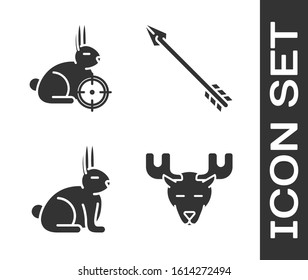 Set Moose head with horns, Hunt on rabbit with crosshairs, Rabbit and Hipster arrow icon. Vector