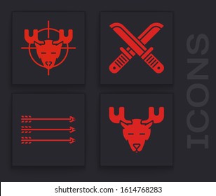 Set Moose head with horns, Hunt on moose with crosshairs, Crossed hunter knife and Hipster arrows icon. Vector