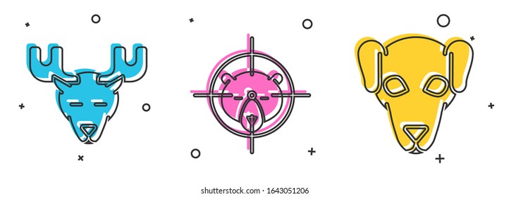 Set Moose head with horns, Hunt on bear with crosshairs and Hunting dog icon. Vector