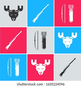 Set Moose head with horns, Hunting gun and Bow and arrow in quiver icon. Vector