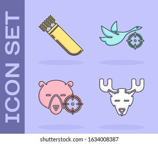 Set Moose head with horns, Quiver with arrows, Hunt on bear with crosshairs and Hunt on duck with crosshairs icon. Vector