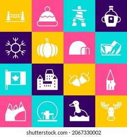 Set Moose head with horns, Wooden log, Royal Ontario museum, Inukshuk, Pumpkin, Snowflake, Capilano Suspension Bridge and Igloo ice house icon. Vector