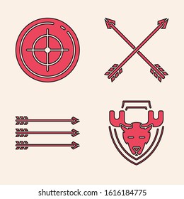 Set Moose head on shield, Target sport for shooting competition, Crossed arrows and Hipster arrows icon. Vector