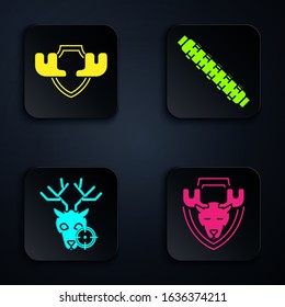Set Moose head on shield, Moose horns on shield, Hunt on deer with crosshairs and Hunting cartridge belt with cartridges. Black square button. Vector