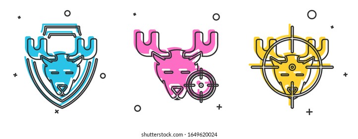 Set Moose head on shield, Hunt on moose with crosshairs and Hunt on moose with crosshairs icon. Vector