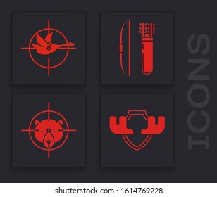 Set Moose horns on shield, Hunt on duck with crosshairs, Bow and arrow in quiver and Hunt on bear with crosshairs icon. Vector