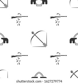 Set Moose horns on shield, Bow and arrow in quiver and Gun shooting on seamless pattern. Vector