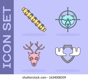 Set Moose horns on shield, Hunting cartridge belt with cartridges, Deer head with antlers and Hunt on bear with crosshairs icon. Vector