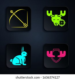 Set Moose horns on shield, Bow and arrow in quiver, Rabbit and Hunt on moose with crosshairs. Black square button. Vector