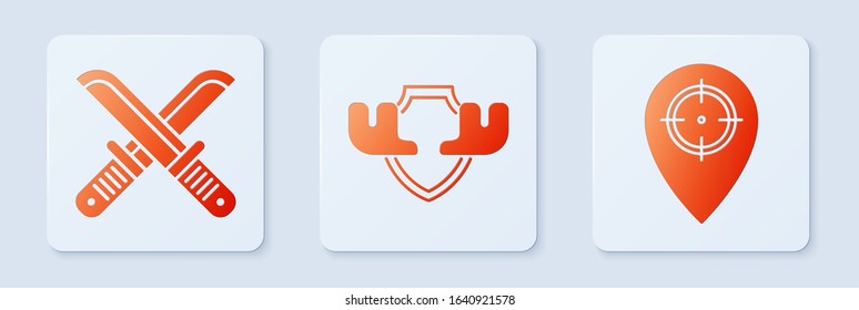 Set Moose horns on shield, Crossed hunter knife and Hunt place. White square button. Vector