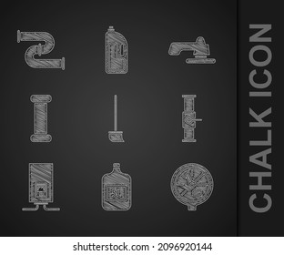 Set Mop, Big bottle with clean water, Water meter, Industry pipe and valve, Gas boiler burning fire, metallic, tap and  icon. Vector